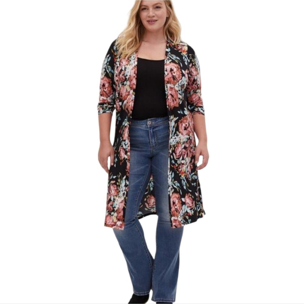 Torrid Floral Black and Pink Cardigan Open Front Longline Sweater Size 2